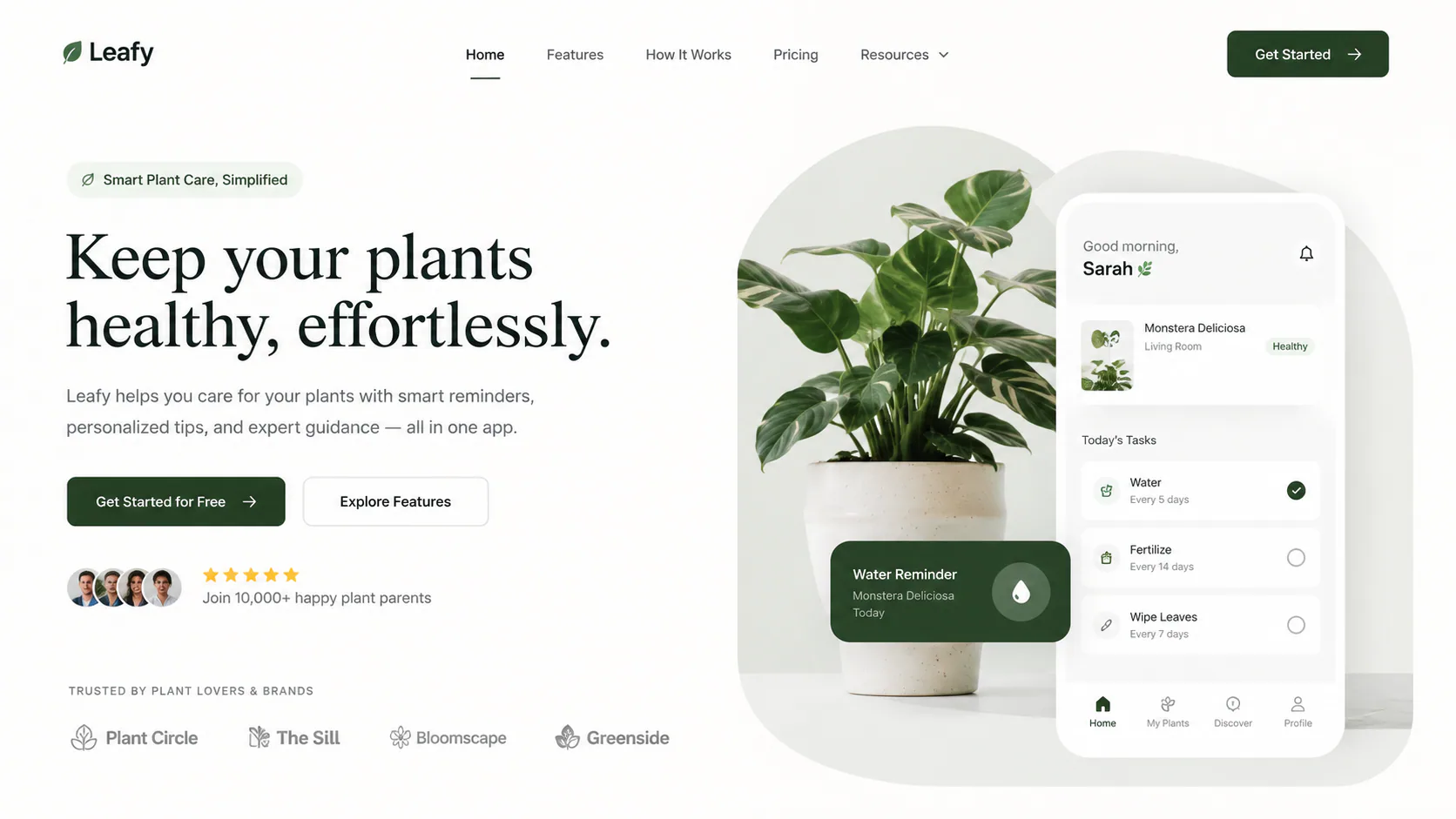 Leafy plant-care landing-page concept