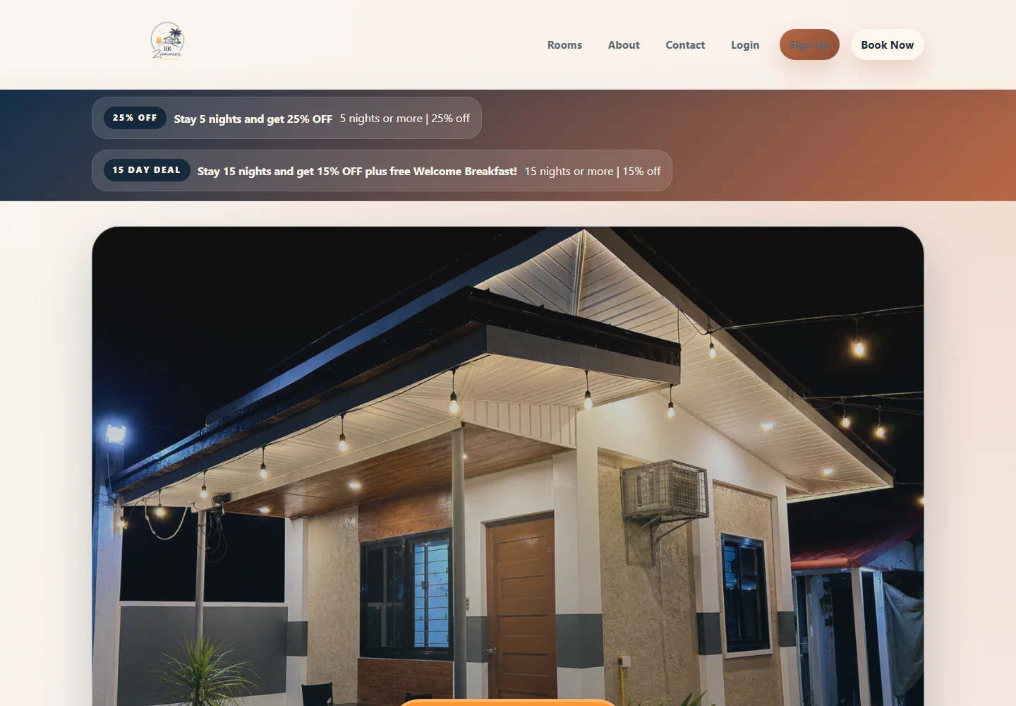 BR Zimmer homepage showing accommodation offers, navigation, and a night-time property photograph