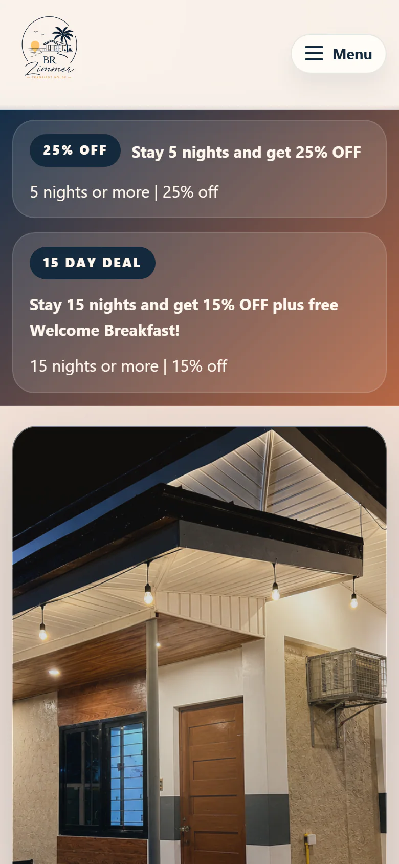 Responsive mobile view of the BR Zimmer accommodation website