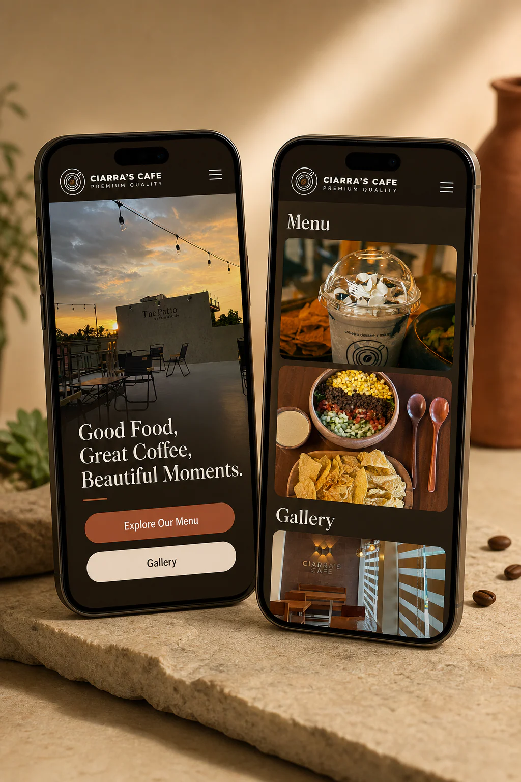 Ciarra’s Cafe mobile interface showcased on two phones