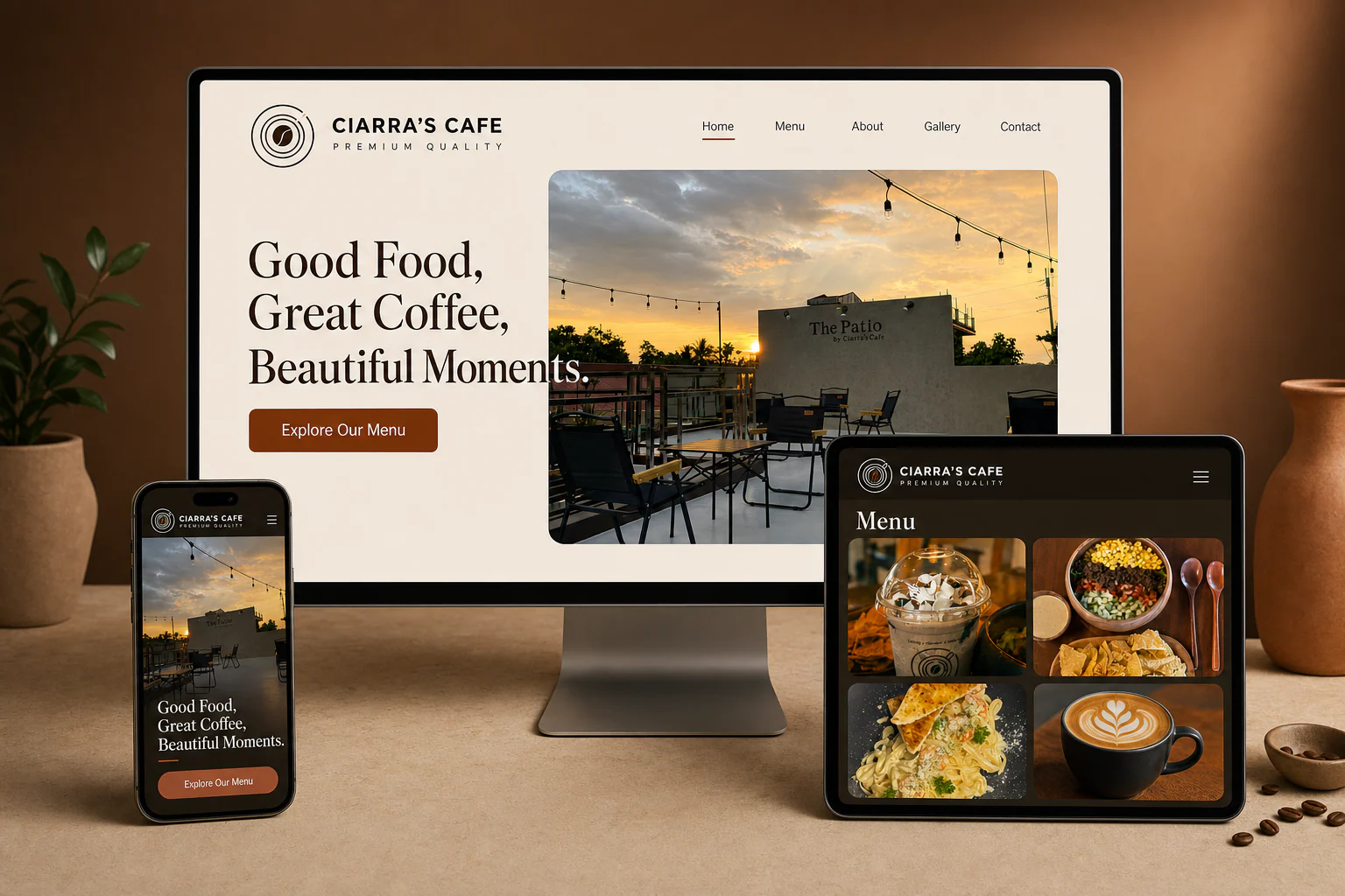 Ciarra’s Cafe responsive website shown across desktop, tablet, and mobile devices